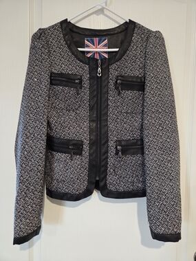 Miss London Black & White Tweed Zip-Front Jacket